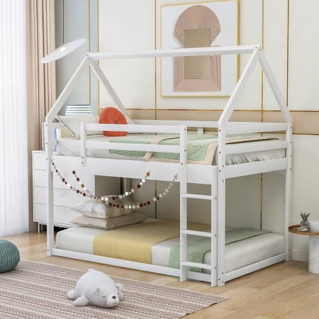 Bunk Bed Twin Over Twin  Wooden Bunk Beds with Guard Rail  House Bed Frame with Ladder for Kids Teens Adults  White