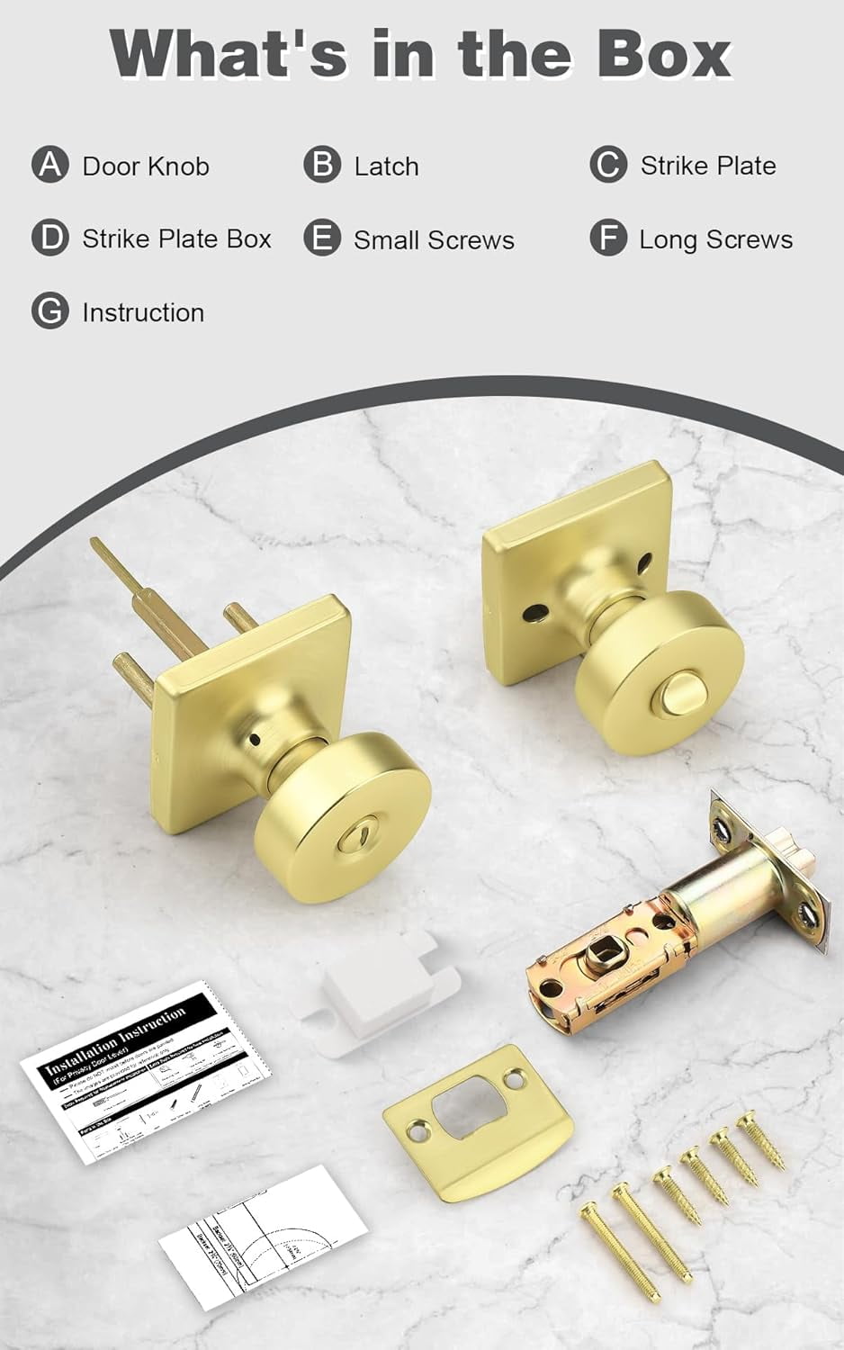 Bedroom Door Knobs Interior, Privacy Keyless Door Handles for Bedroom or Bathroom, 1 Pack Square Panel Door Knob in Brushed Gold Finish