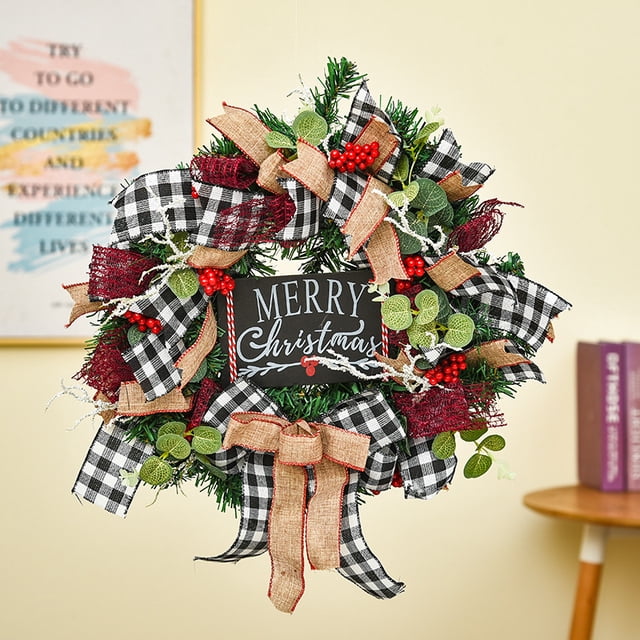 Corona de Navidad, lazo de tela escocesa artificial conos de pino festivo guirnalda colgante para decoración de puerta delantera y decoración de fiesta de Navidad (tarjeta de Navidad) BANYUO Electrónica