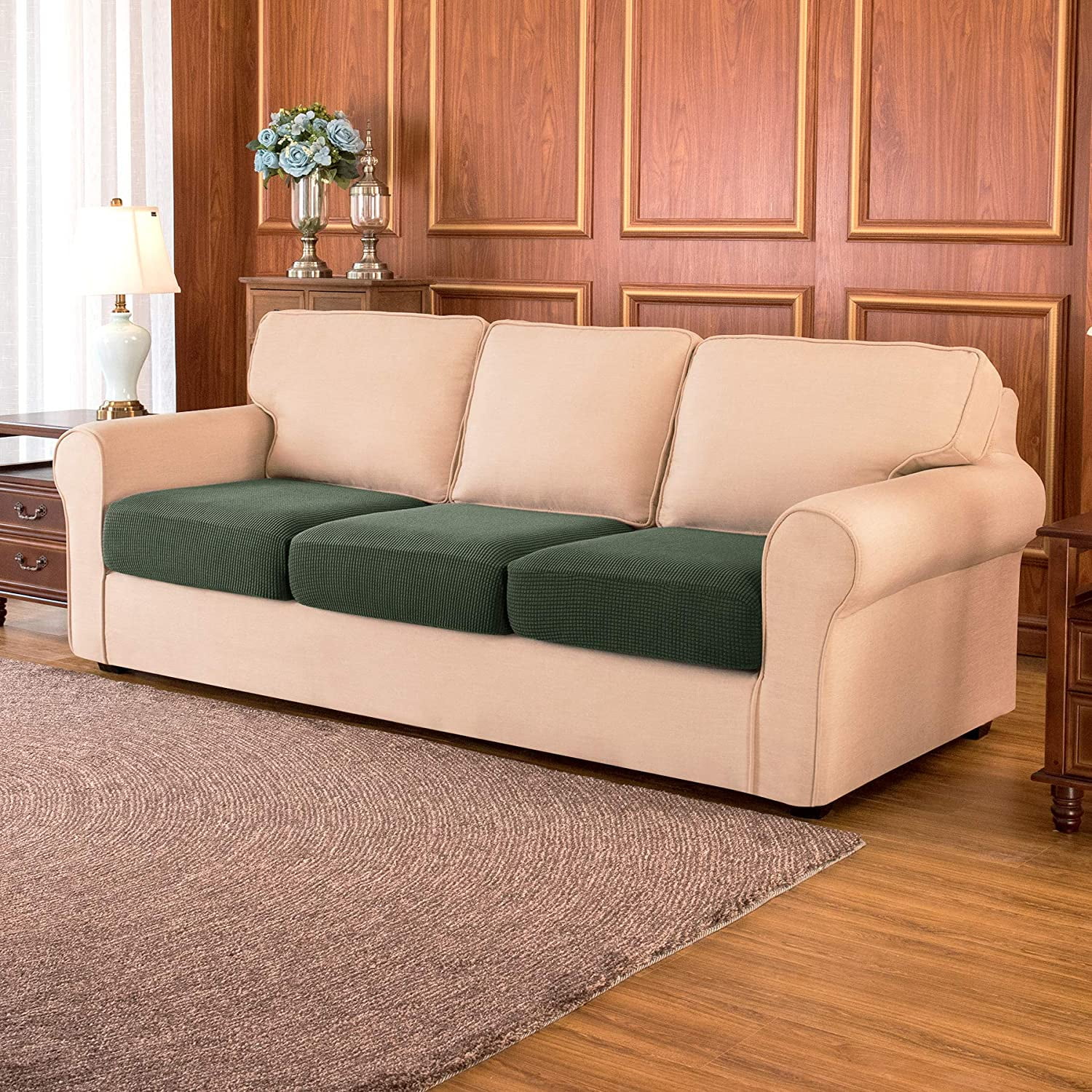Subrtex Cushion Covers Separate Seat Stretch Textured Grid (3PCS, Olive)