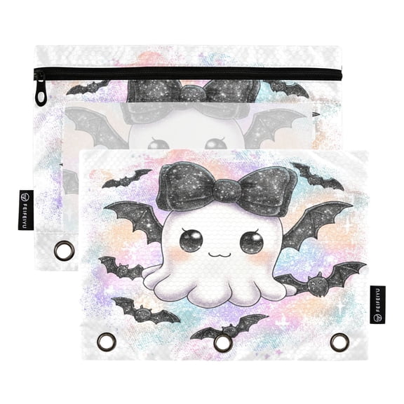 2 Pack 3 Ring Binder Pouch with Clear PVC Window Water Resistant Zipper Pencil Pouch Cute Black Bat Ghost Binder Pocket for Classroom Office Home Stationery Organization