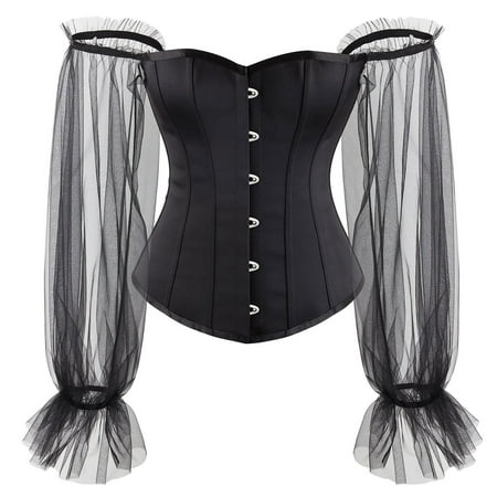 Fesfesfes Mesh Sleeve Corset Women Lace Splicing Mid-sleeve Court Corset Shapewear Ladies Gothic Body Shaper