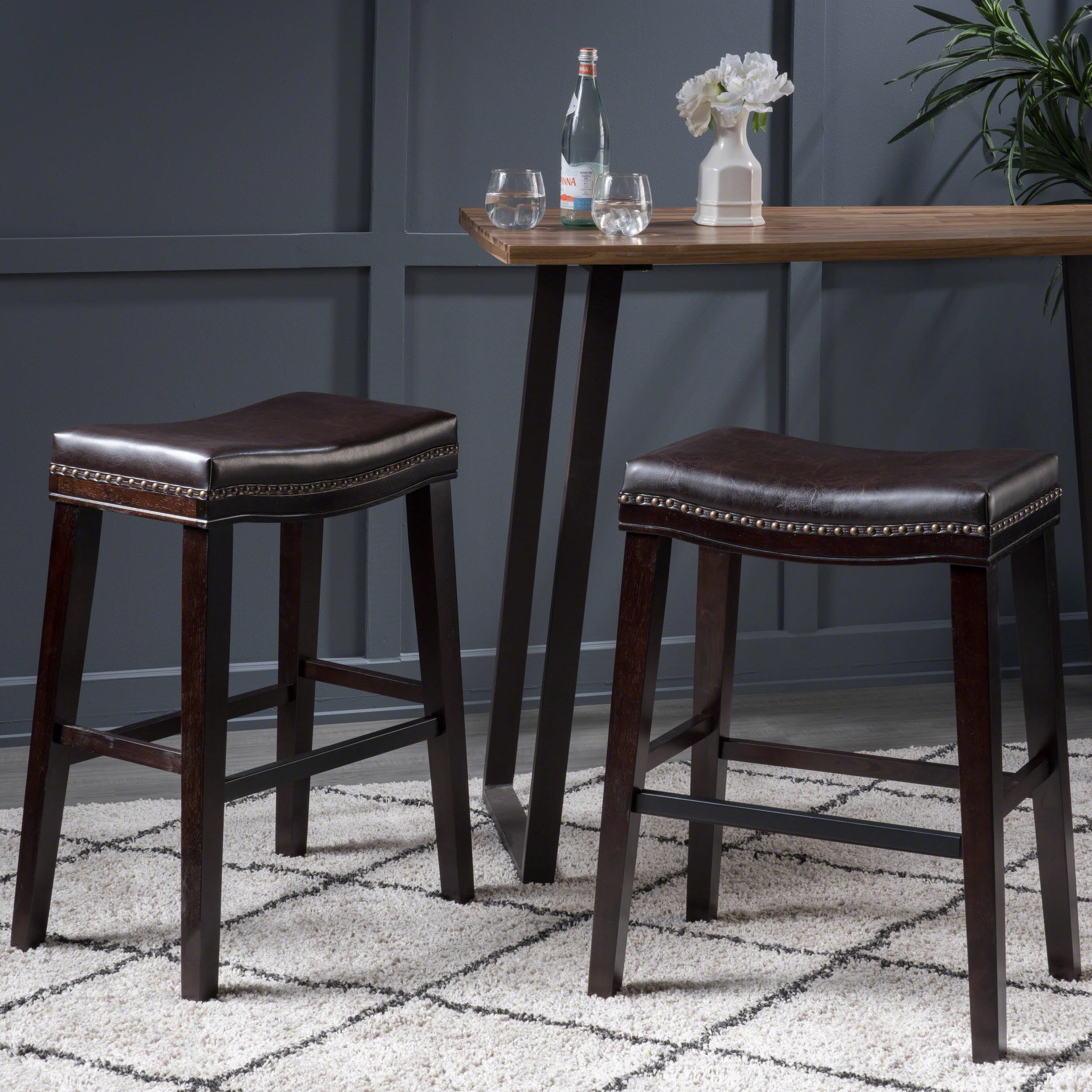 Noble House Darren Upholstered Saddle Barstool with Nailhead Trim, Set of 2, Brown and Cappuccino Brown