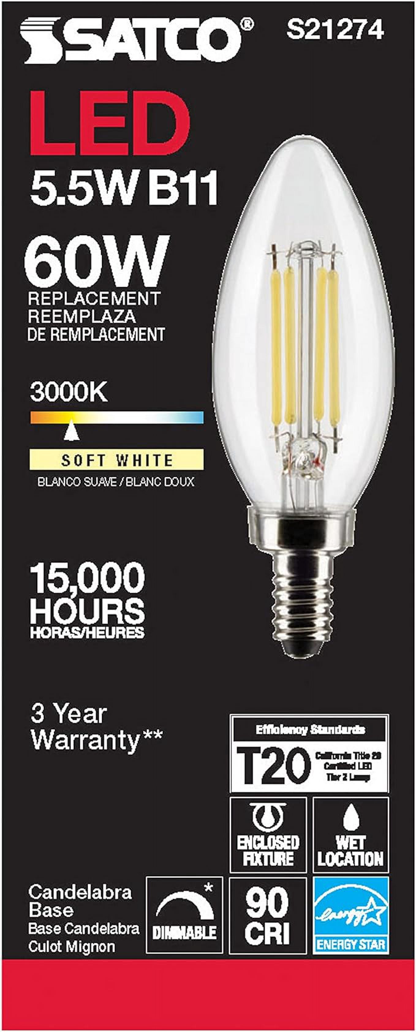 SATCO S21274 5.5W B11 90 CRI 3000K 120V LED Candelabra Base Bulb, Clear (6 Pack)