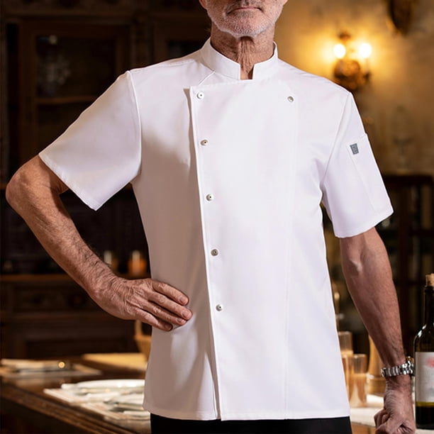 Blusa y camisa de manga corta con cuello alto para hombre, color liso, transpirable, para chef, con botones y botones, de poliéster.