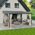 thumbnail image 1 of Sunjoy 12ft. x 14ft. Wall Mounted Gazebo with Powder Coated Steel Roof, Black Aluminum & Metal Frame Lean to Gazebo with Curtains and Netting, 1 of 11