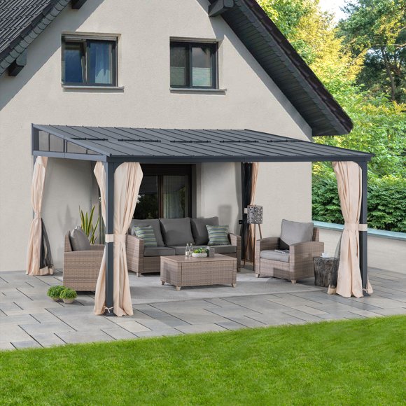 Sunjoy 12ft. x 14ft. Wall Mounted Gazebo with Powder Coated Steel Roof, Black Aluminum & Metal Frame Lean to Gazebo with Curtains and Netting