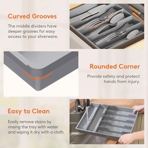 Silverware Drawer Organizer Tray, Plastic Cutlery Storage for Kitchen, Flatware and Utensil Holder Divider for Spoons Forks Knives Tableware, 12.3 x 16", 7 Slots, Gray