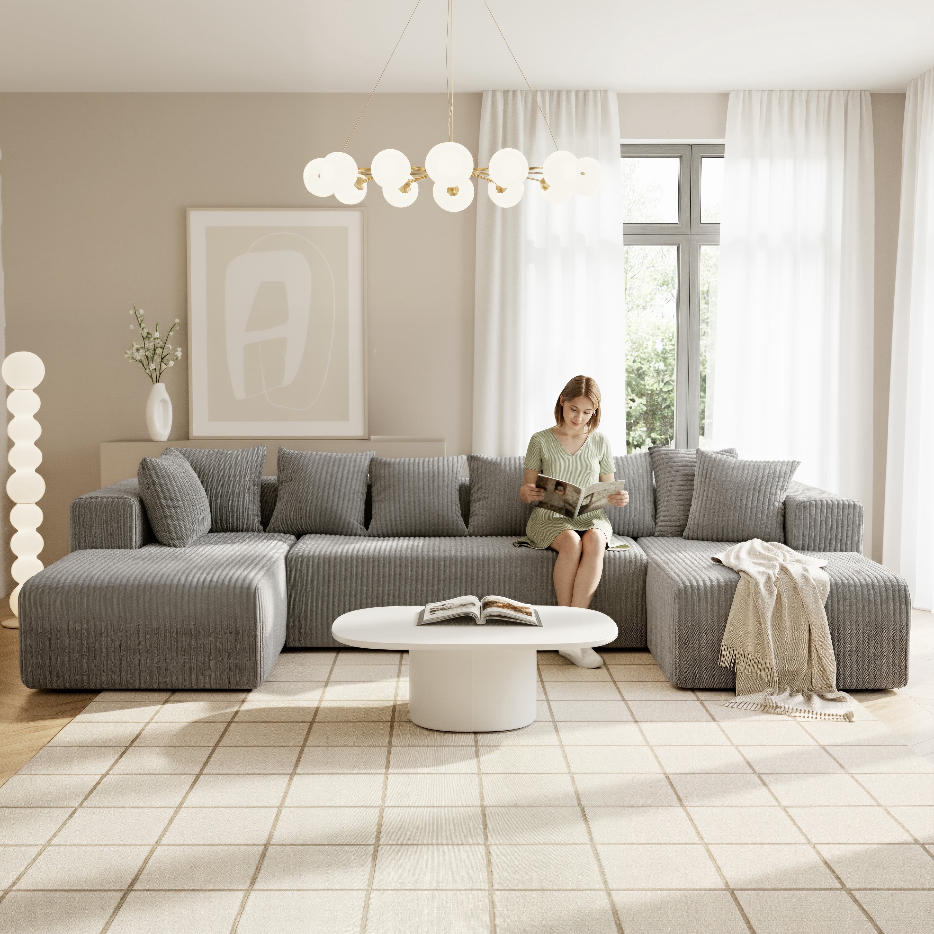 SEENYOO 130" Boneless Couch, Modern Couches for Living Room, U-Shaped 4-Seat Modular Sofa with Chaise, Oversized, No Assembly, Gray