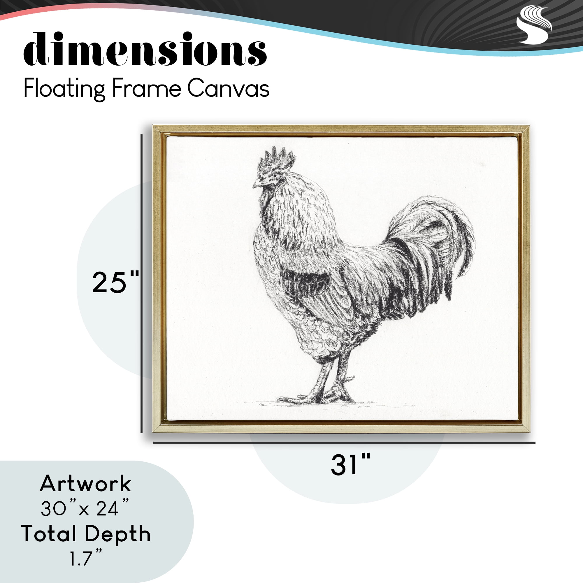 Stupell Industries Rooster in Charcoal Gold Framed Floater Canvas Wall Art, design by Leah Noel Art