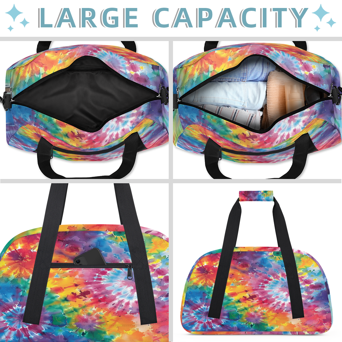 Herdesigns Tie Dye Sports Duffle Bag for Women & Men, Colorful Gym Bag Dance Bag Overnight Bag Carry On Weekender Travel Bag
