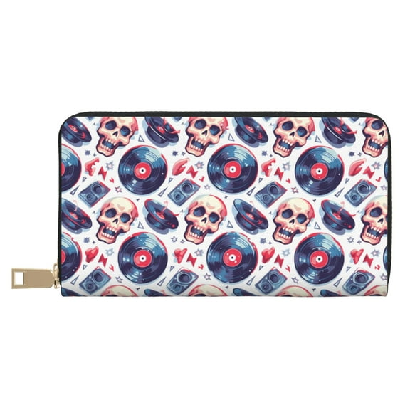 Leather Thin Slim Wallets for Women Men - record rock music Skull Clutch Card Wallet for Women Men with Zipper