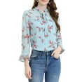 thumbnail image 6 of INSPIRE CHIC Women's Long Sleeves Tie Neck Ruffle Collar Floral Print LeisureTop XL Light Blue, 6 of 7