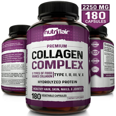 NutriFlair Multi Collagen Peptides Pills - 180 Capsules, 2250MG - Type I, II, III, V, X - Premium Collagen Complex - Hydrolyzed Protein Supplement for Anti-Aging, Healthy Joints, Hair, Skin, and