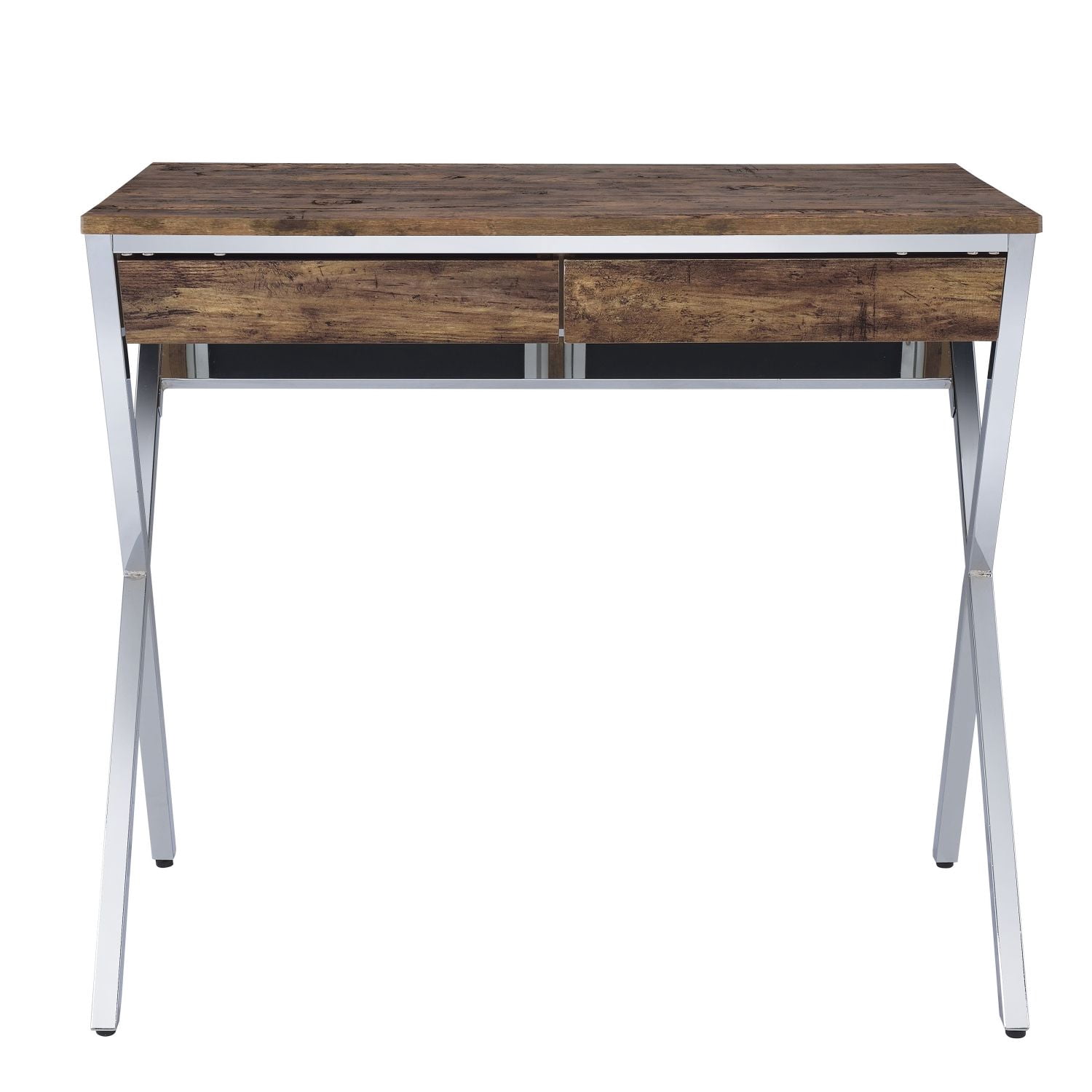 Writing Desk with 2 Drawers, Weathered Oak Wood Top and X-Shaped Metal Legs, 36.5 in Rectangular Home Office Desk