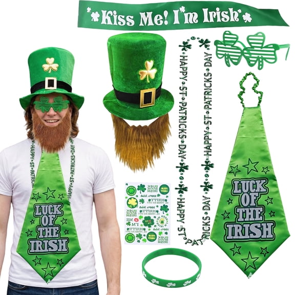 8 Pcs St Patricks Day Costume Accessories Set Shamrock Hat with Faux Mustache Beaded Shamrock Necklaces Bracelets Clover Glasses Bow Tie Shoulder Strap Temporary Tattoos for Irish Party Decor
