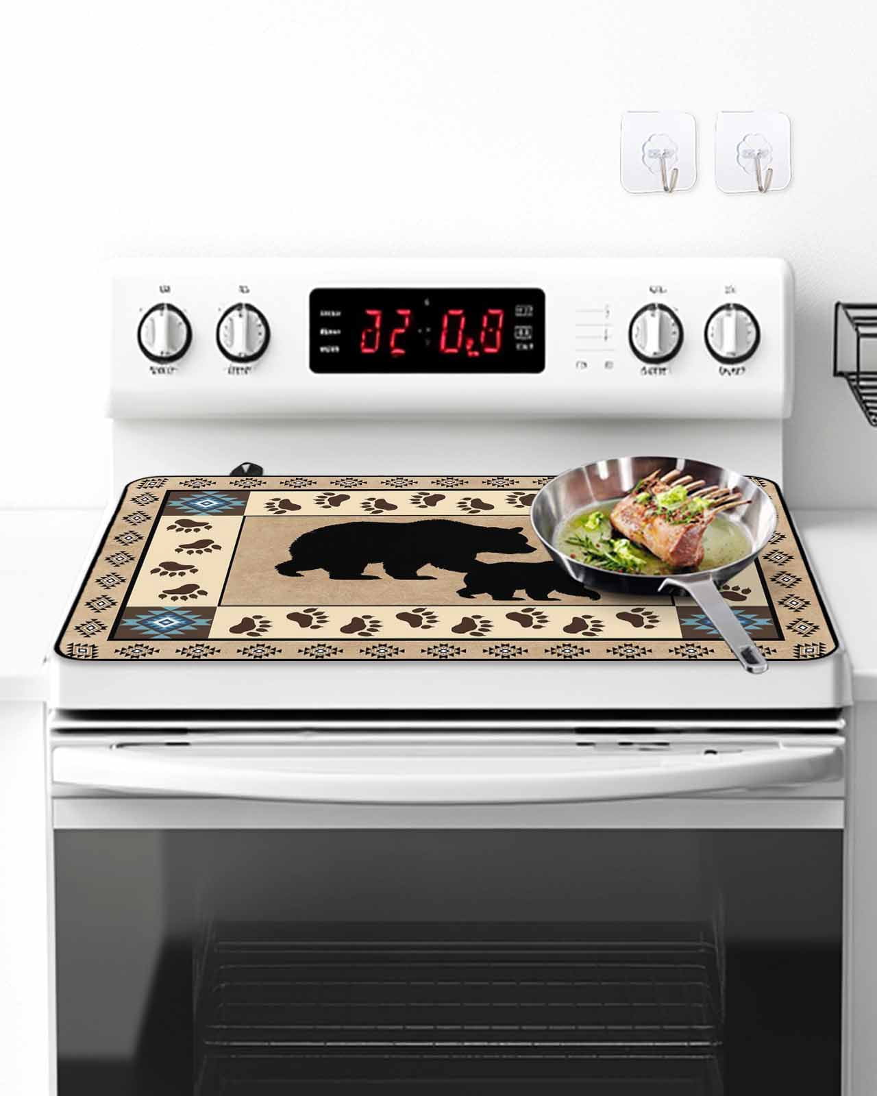 Stove Top Covers for Electric Stove, Farmhouse Bear Glass Stovetop Cover Protector, Country Vintage Animals Paw Print Brown Induction Cooktop Protector Oven Mat for Kitchen Countertop 24"x21"