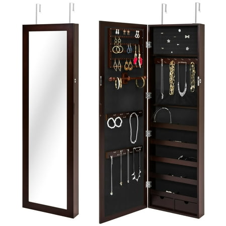 Wall Mount Sign Cabinet (Best Choice Products Mirrored Lockable Jewelry Cabinet Armoire Organizer w/ Door Hanging Hooks, Wall Mount, Keys -)