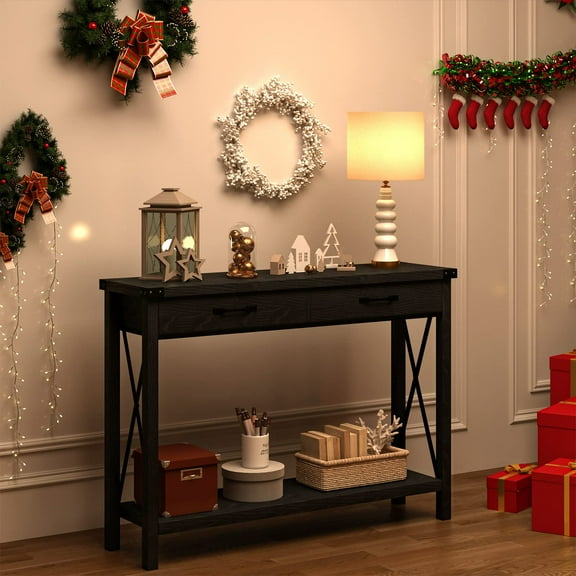Juiluna Console Table with 2 Drawers, Farmhouse Sofa Table with Storage Shelf, Accent Wood Entryway Table for Living Room, Hallway, Foyer-Black