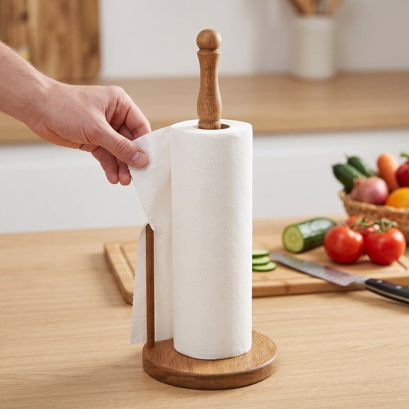 Wooden Paper Towel Holder Stand Space Saving Countertop Towel Roll Organizer Easy Assembly Paper Roll Holder Rack for Kitchen Countertop