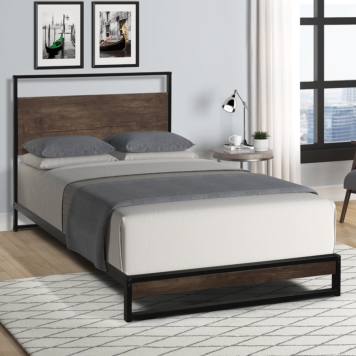 Private Jungle Twin Metal Bed Frame with Wood Slats, Platform Bed with Headboard, Sturdy Metal Frame
