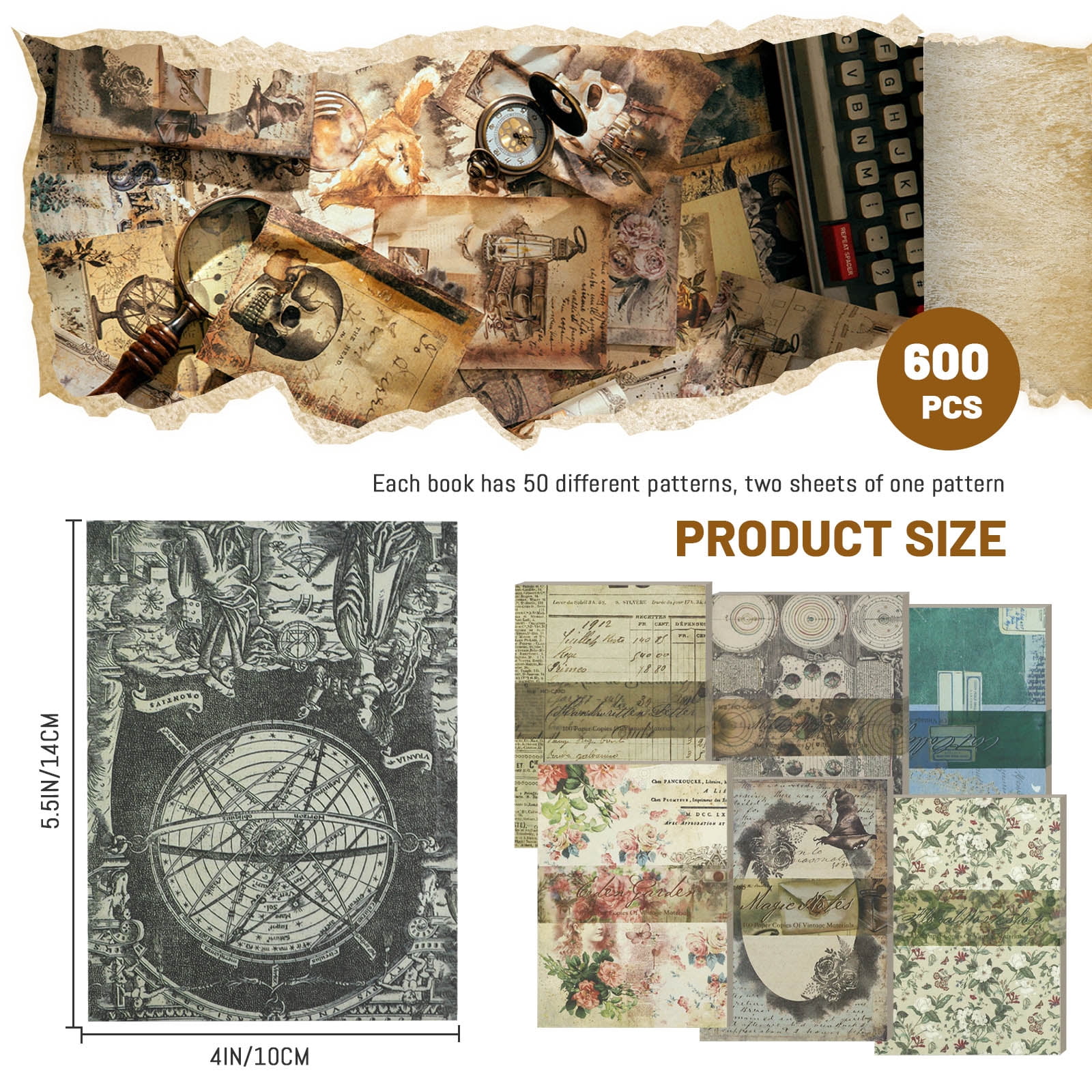 Sekonow 600 Sheets Scrapbook Paper, Vintage Scrapbooking Supplies for Journaling Junk Journal Craft Decoupage Paper, Wall Collage Kit Cottagecore Aesthetic Room Decor Vintage Decor, Style A