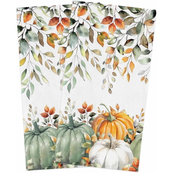 Fall Kitchen Towels Thanksgiving Sage Green Pumpkin Dish Towels and Dishcloths Sets Decorative Tea Towel Autumn Eucalyptus Leaves Absorbent Hand Towels for Kitchen Drying Bathroom 16x24in