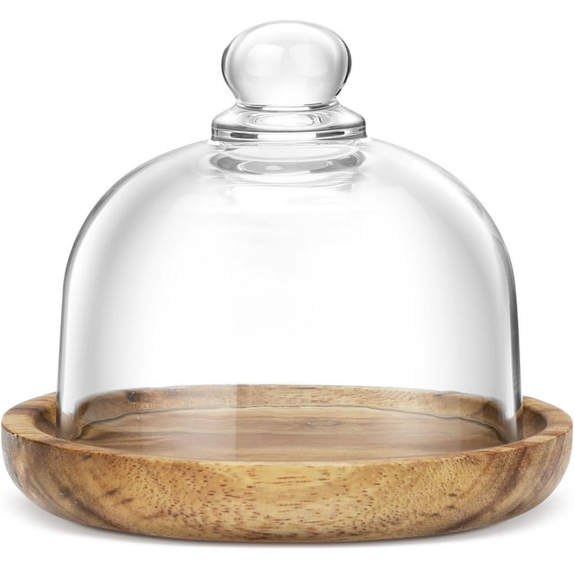 1 Set Wooden Dessert Cupcake Tray with Glass Cover Cake Plate Server Platter with Dome Lid