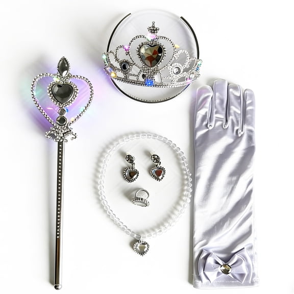 KAWELL Princess Dress Up Accessories, Light Up Wand Crown 7Pcs Princess Dress Up Set with Gloves Tiara Necklace Earrings Bracelet and Ring Gift Set for Cosplay Party, White