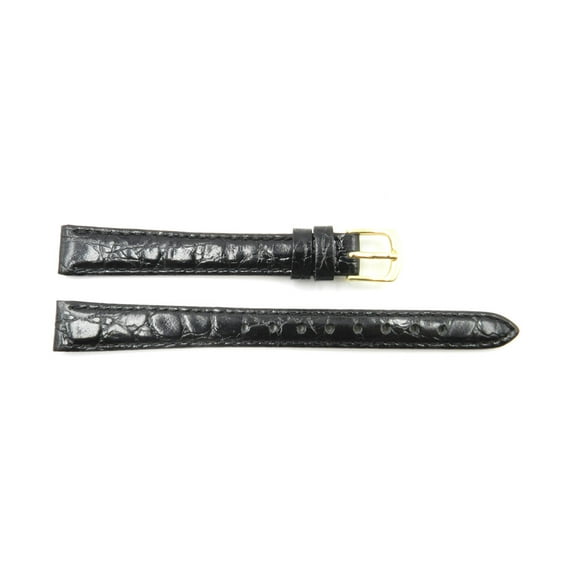 Women's 12mm Black Genuine Leather Round Crocodile Grain Long Watch Band