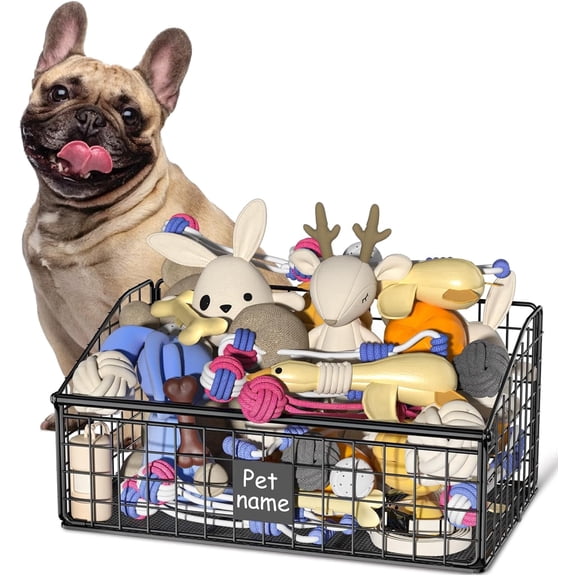 Indestructible Dog Toy Basket, Medium Toy Box for Dogs, Pet Toy Bin Dog Metal Basket for Toys, Toy Storage Organizer, Toy Box for Living Room Area (Black)