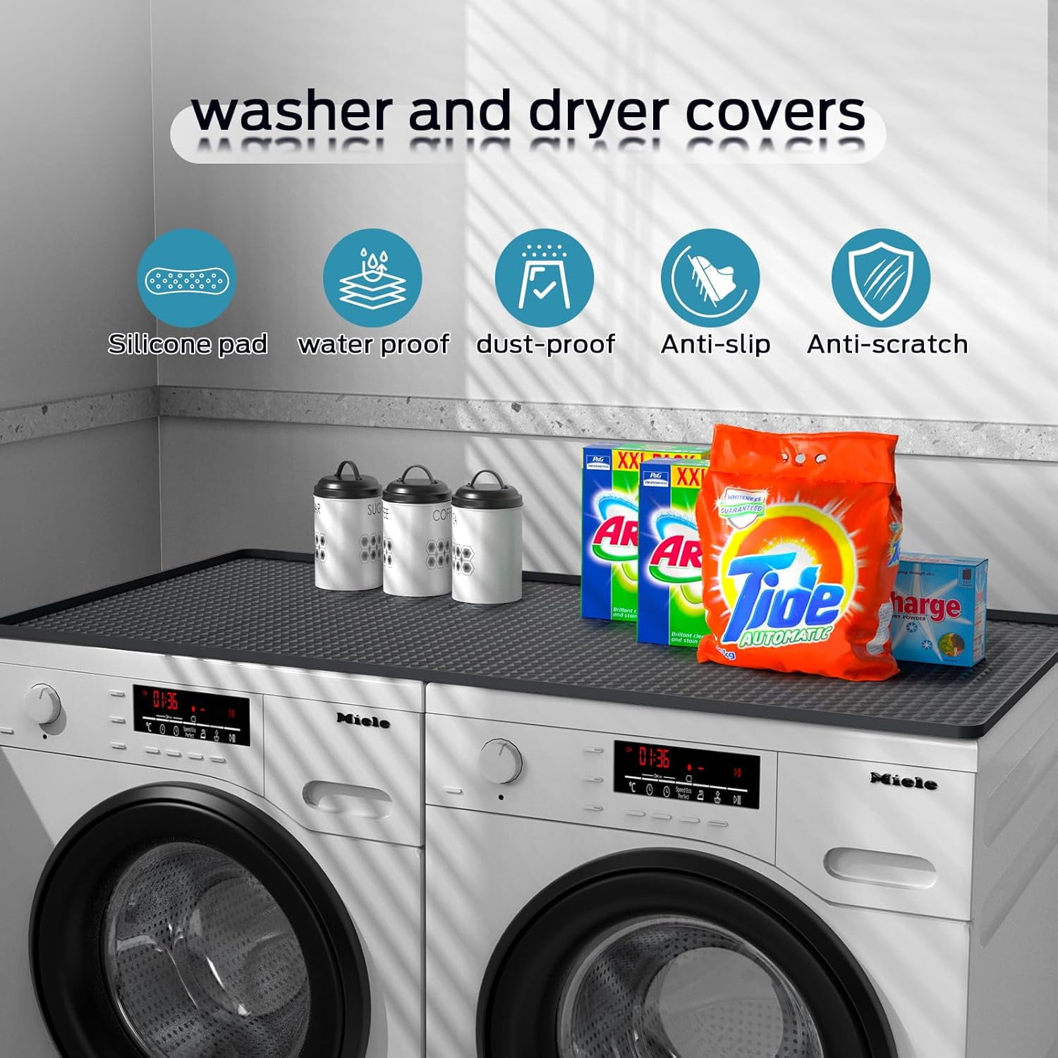 54" x 27.5" Washer and Dryer Covers for the Top，Waterproof and non-slip Washing Machine Cover，Applies to Kitchen、laundry room organization，Washer Dryer Countertop. (Gray)