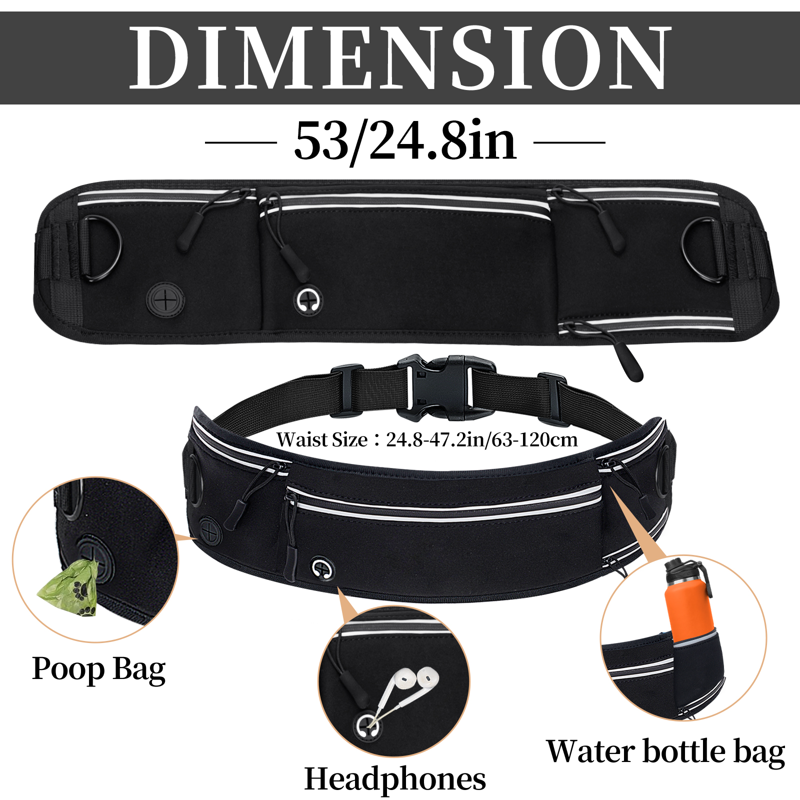 Waist Dog Leash Hands Free Dog Leash, Waist Running Leash with Zipper, Walking Pouch for Dog Walking, Reflective Dual Padded Handles Walking Leashs, Bungee Retractable Running for Medium to Large Dog
