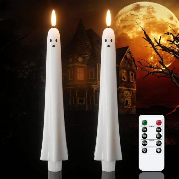 2Pack Halloween Flameless Taper Candles with Remote & Timer, LED Light Up Halloween Candles Spooky Ghost Battery Operated 3D Wick Flickering Halloween Candles for Halloween Decorations Indoor Gift