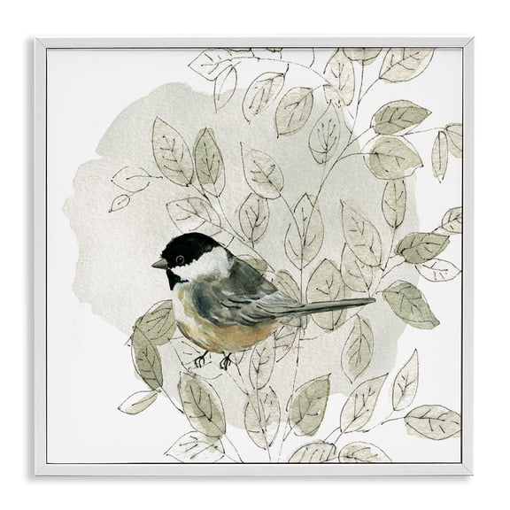 Stupell Industries Farmhouse Bird Perched Soft Cottage Plant White Framed Giclee Art, 12 x 12, by Livi Finn