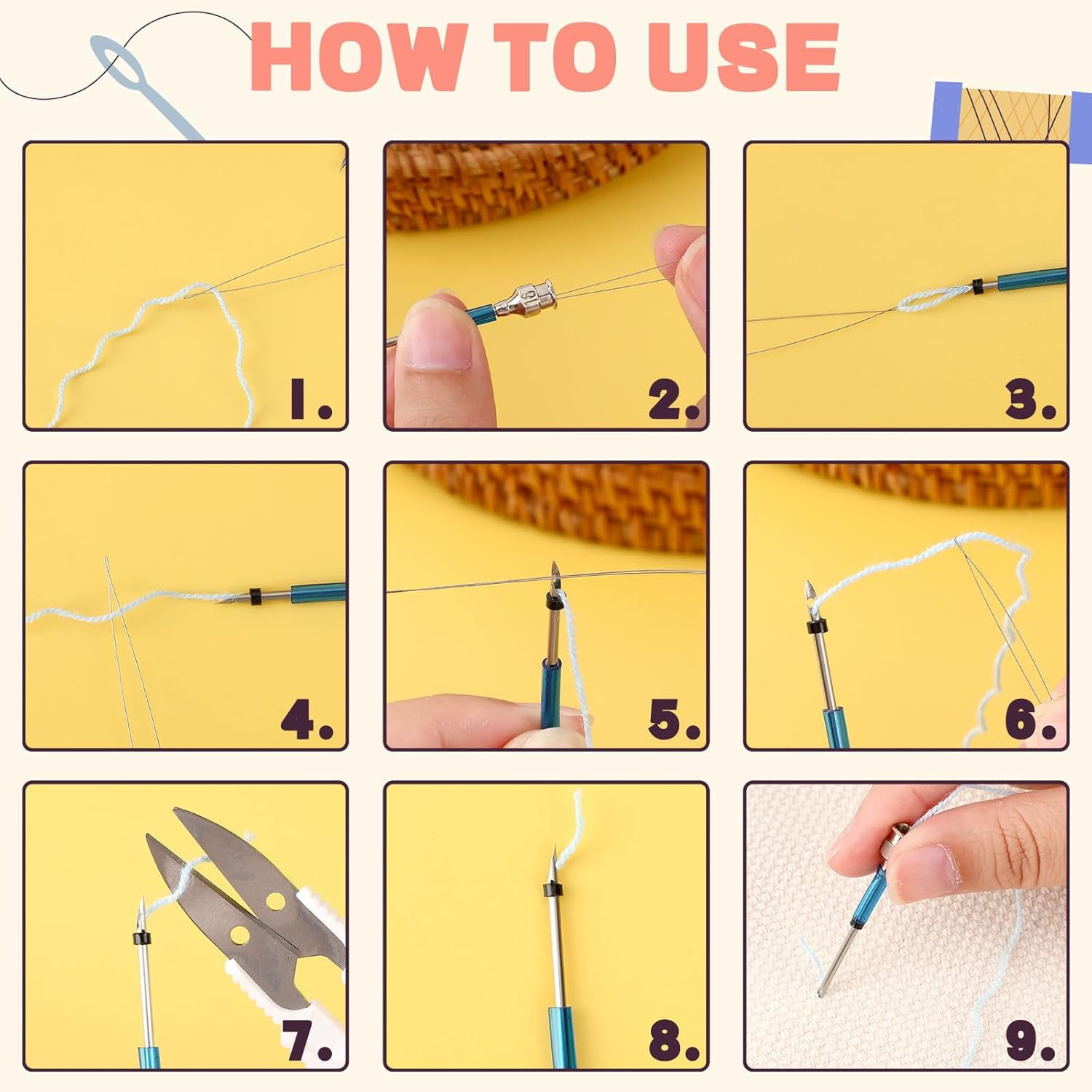 Punch Needle Kit, Punch Needle Tool Adjustable Punch Needle Embroidery Kits Wooden Handle Embroidery Pen for Embroidery Floss Cross Stitching