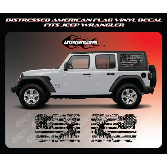 Distressed American Flag & Buck Window Decals Compatible with and Fits Jeep Wrangler JL 2016-2022 - Set of Two