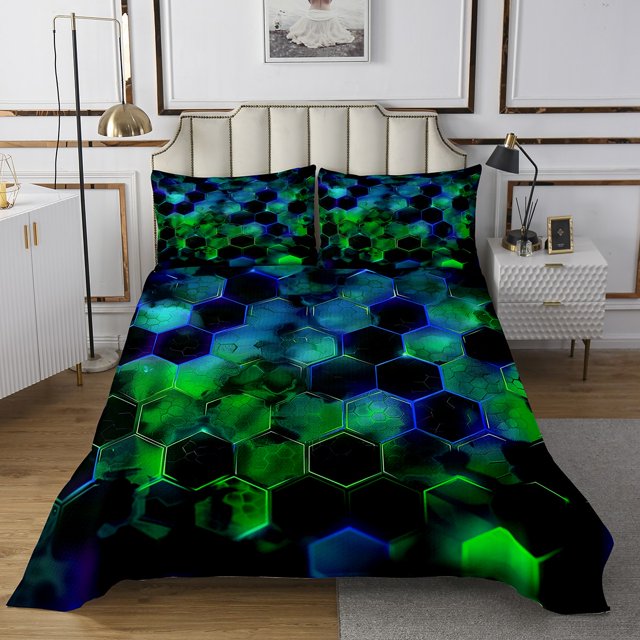 Erosebridal Geometric Hexagon Quilt Sets for Queen Size Bed,Gradient Bed Set,Neon Decor,Lightweight,3pcs