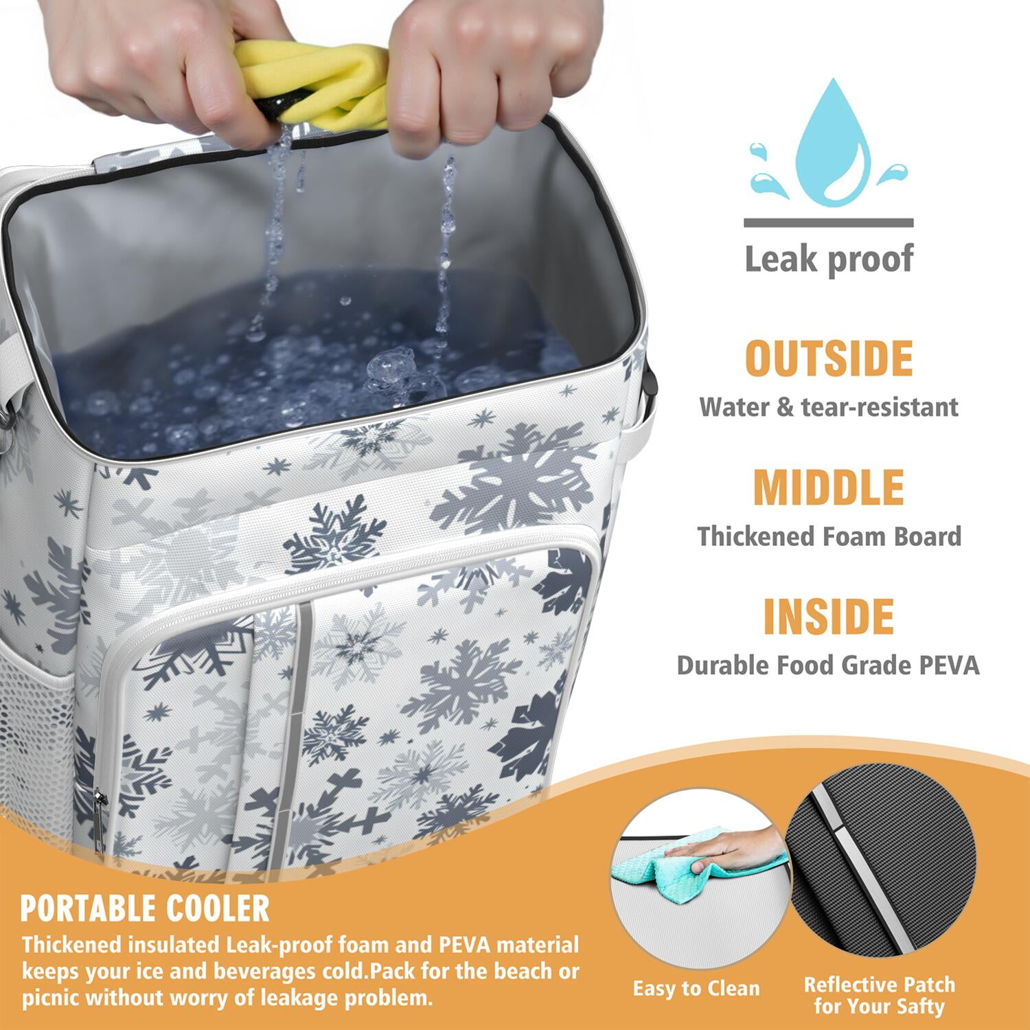 Travel Cooler Bag - Blue Christmas Snowflake Pattern Camping Beer Cooler Backpack with Bottle Opener- Waterproof Insulated Picnic Backpacks - Cooler Bag for Beach