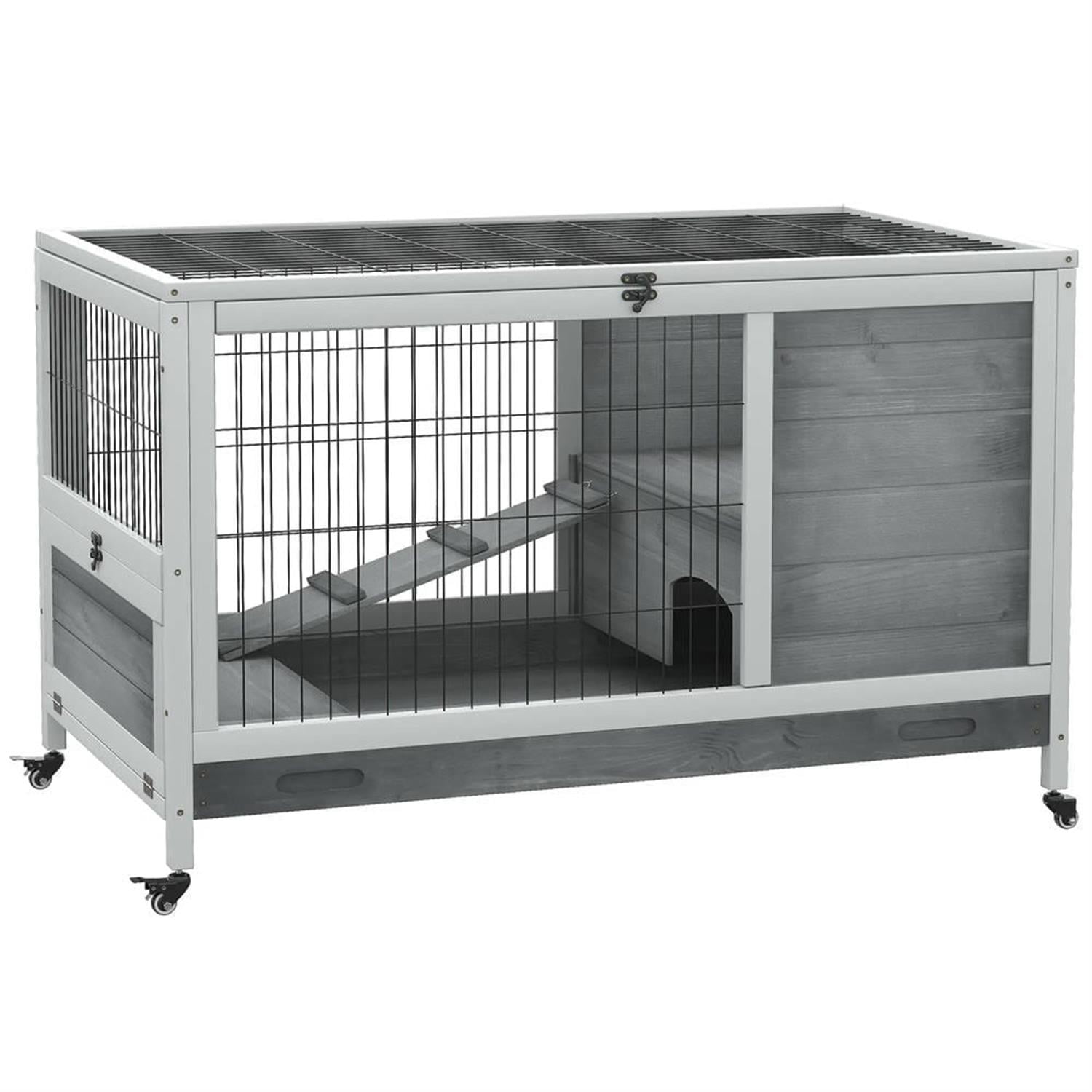 resenkos 35" Indoor Wooden Rabbit Hutch with Enclosed Run and Wheels, Outdoor Bunny Cage for Bunnies, Guinea Pigs, Gray