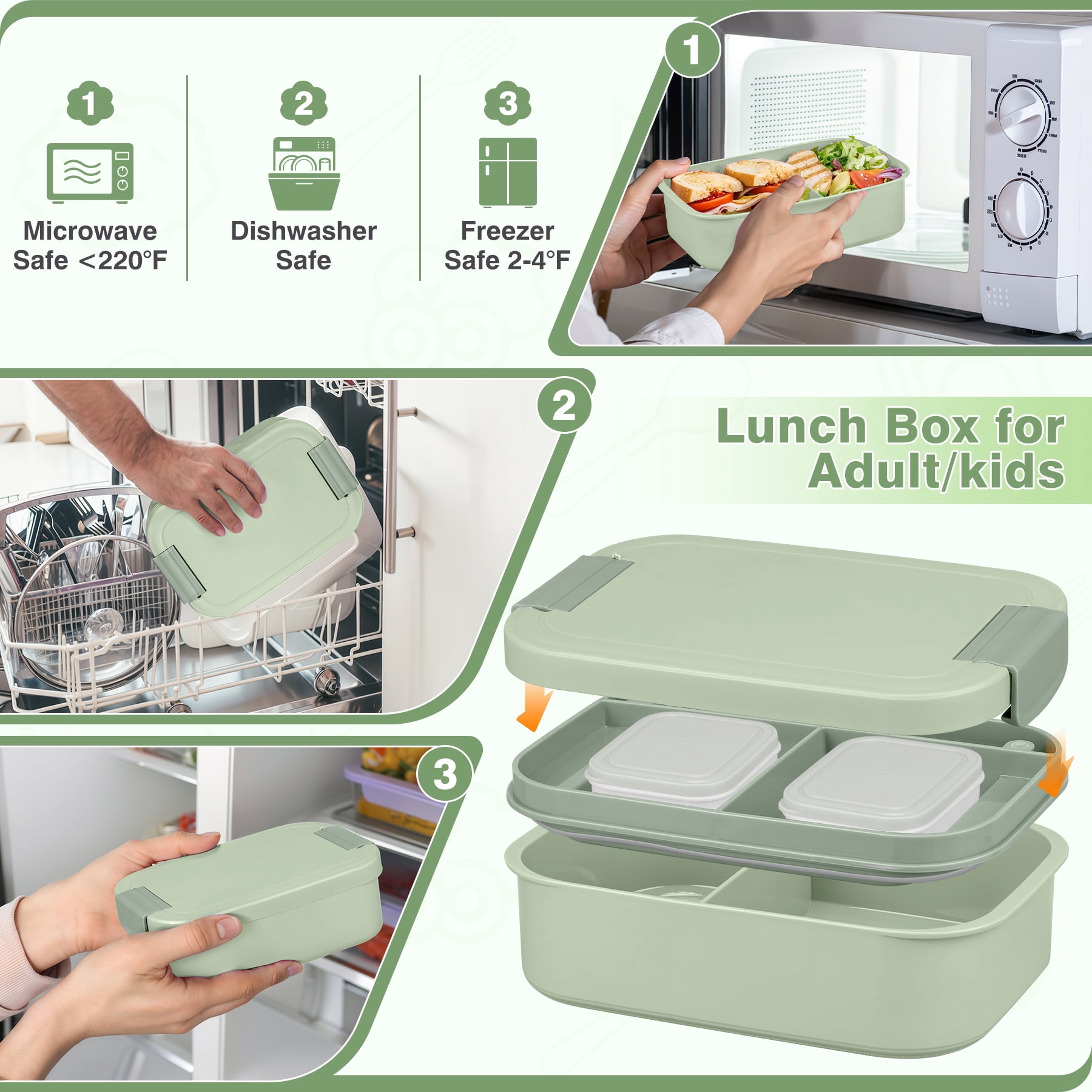 Bento Lunch Box Set with 10.5oz Soup Thermo for Adults Kids, Leak-proof Food Jar Lunch Container with 4 Compartment, Stainless Steel Coffee Tumbler with Lunch Bag for School Travel Office Green