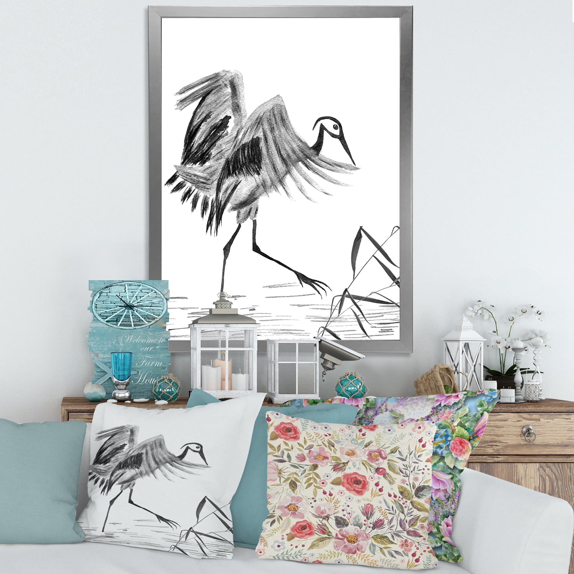 Designart 'Monochrome Japanese Oriental Crane Bird' Traditional Framed Art Print