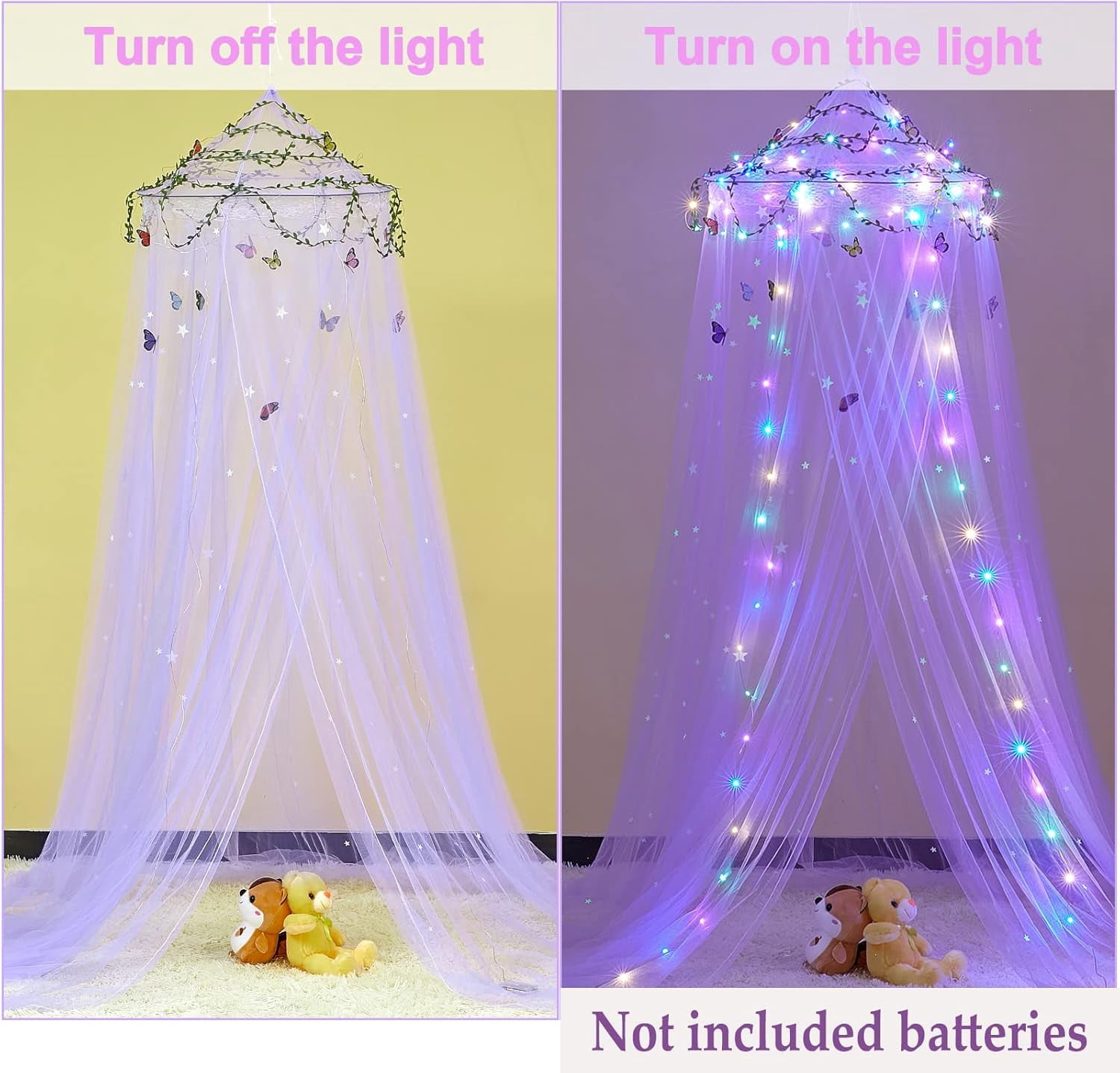 CAILDANL Bed Canopy for Girls Room Bed Canopy Curtains with Led Lights Mosquito Net DIY Princess Room Décor with Stars Butterflies for Kids Bedroom, Hot Pink