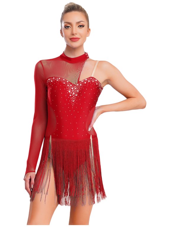 Women Latin Tango Dance Dress Cutout Back Sparkling Rhinestones Asymmetrical Fringed Dress Red XXL