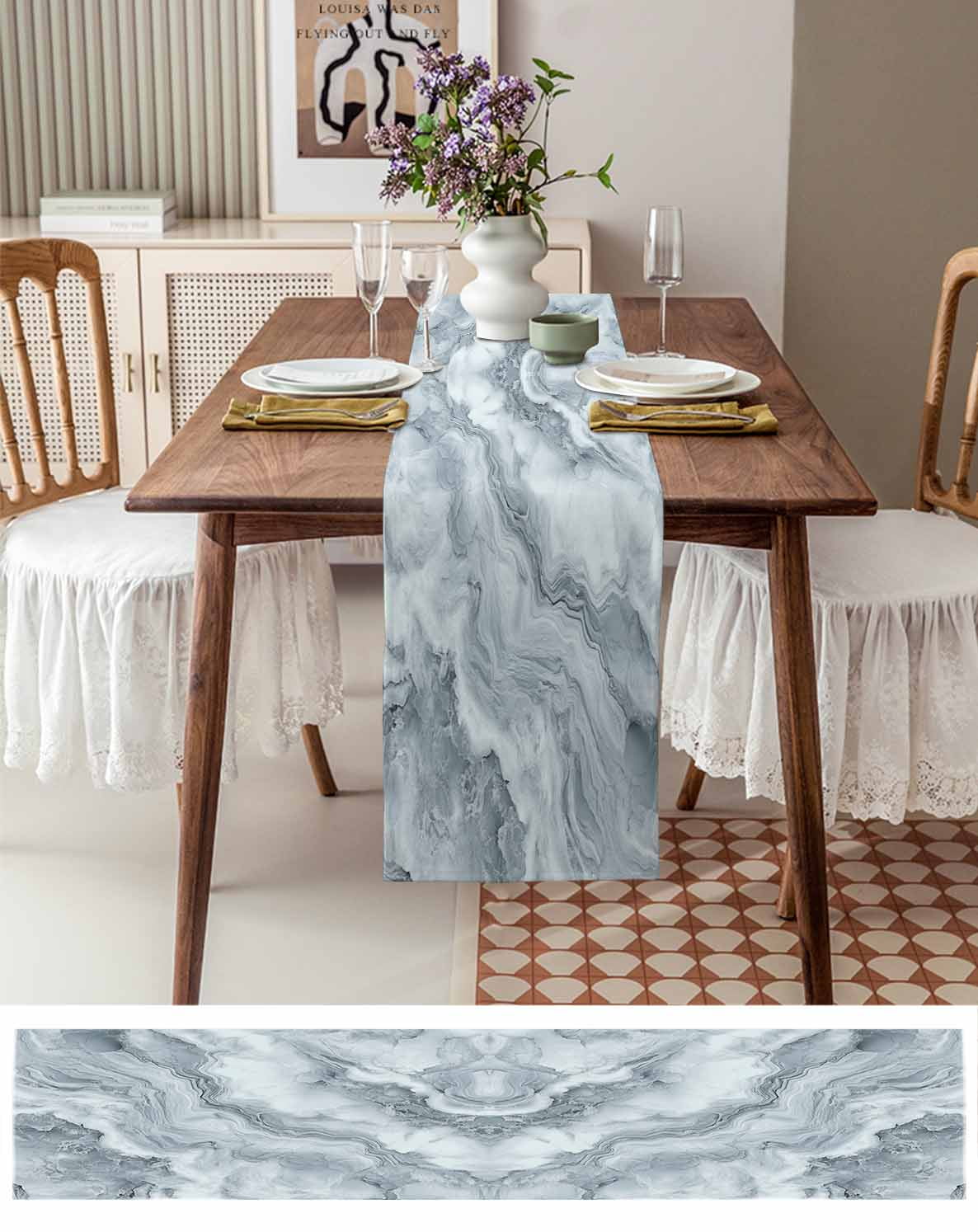 Table Runner Dresser Scarves 72 Inch Long,Abstract Gray Water Ripple Stripe Linen Dining Table Runners Natural Marble Texture Tabletop Scarf for Wedding Holiday Party Kitchen