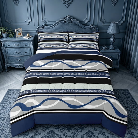jejeloiu Nautical Striped Full Size Comforter Sets,Wave Print Bedding Comforter Set For Boys,Blue Gray,Navy Blue Reversible,3-Piece,1 Comforter and 2 Pillowcases