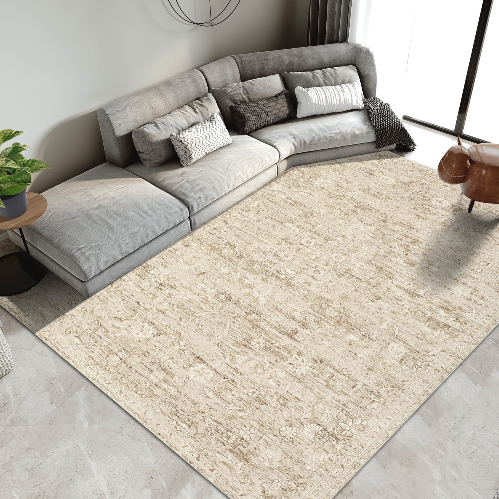 Hasoo 9' x 12' Area Rug for Living Room Boho Vintage Rug Non Slip Throw Rugs Floral Bedroom Rug, Camel