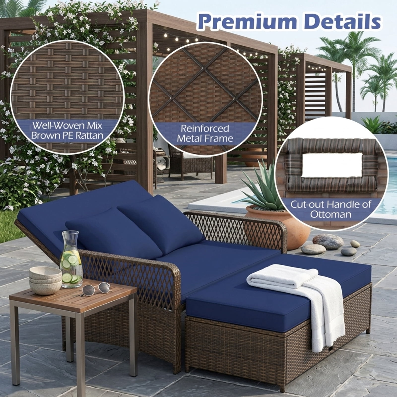 Furnibear Patio Wicker Daybed with 4-Level Backrest, Outdoor PE Rattan Loveseat Sofa & Ottoman Set with Cushions for Backyard Poolside, 800 LBS, Navy