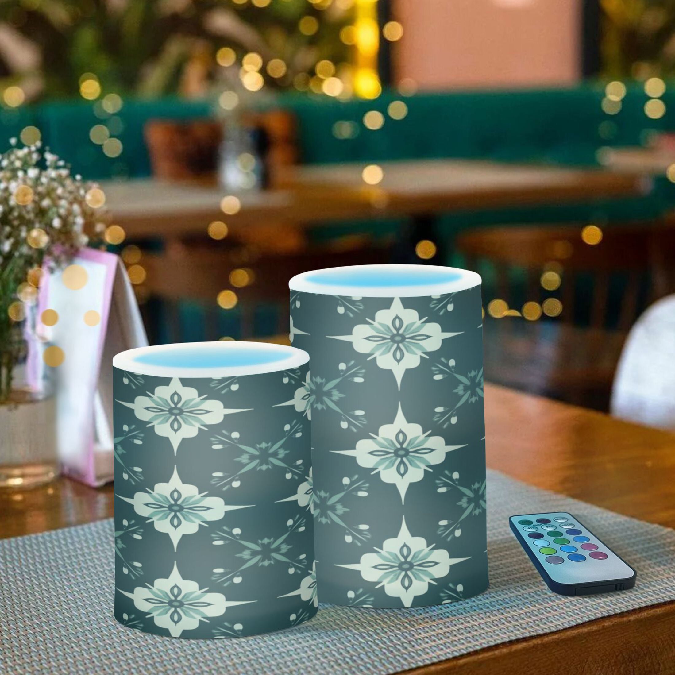 WOBOGO Size Combo Candle Flickering Flameless with Remote Control and Timer for Romantic Atmosphere A Pattern Of Dark Green Geometric Shapes