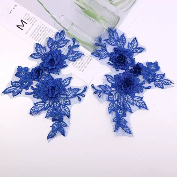 Namzi 2pcs(1 pair) Fine Lace Fabric Patches Trim Applique Decor Handmade Wedding Dress Decoration-Blue